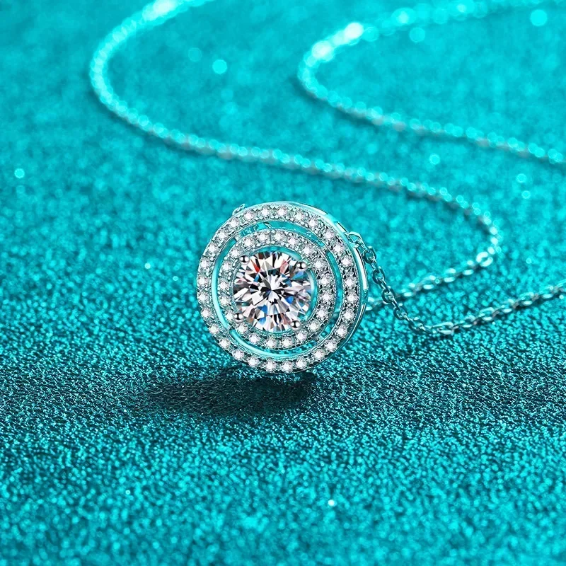 Sparkly 0.5/1/2ct Moissanite Necklace for Female, Platinum PT950 Double Halo Classic Round Pendant Wedding Jewelry GRA Certified