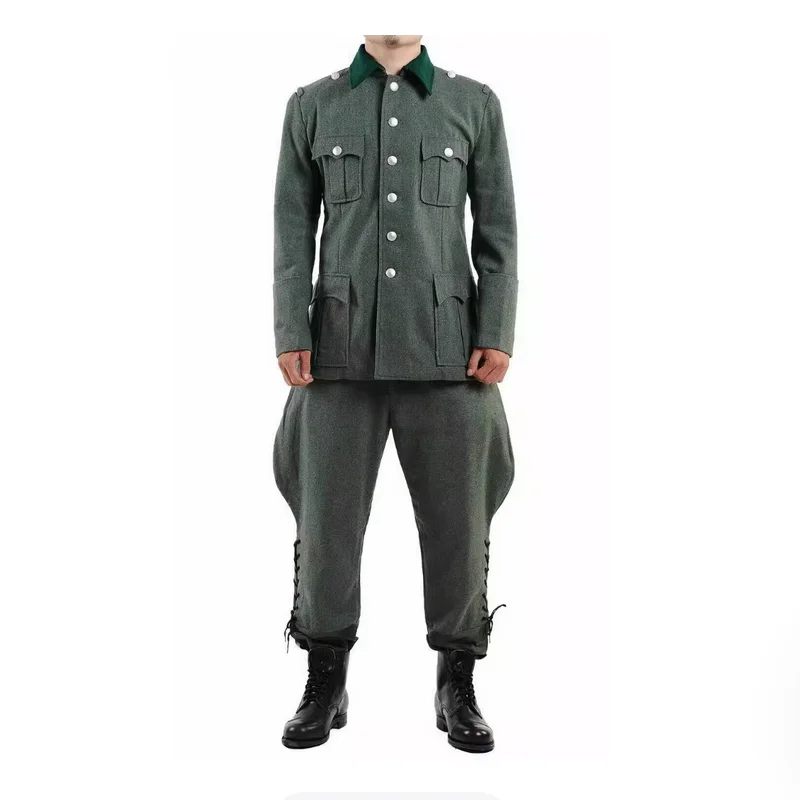 Movie Collection Retro WWII Winter Field Gray-Green Wool Coat for Re-enactment Top and Trousers