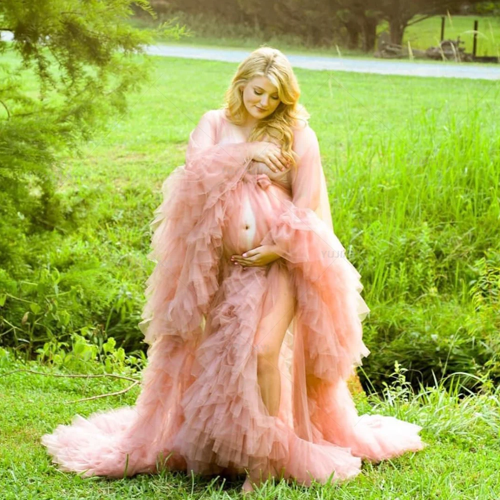 Customized Puffy Tulle Pregnant Women Shawl Dress Sexy Maternity Photograph Robes Sleepwear Ruffles Robe Tiered Gown Bathrobe