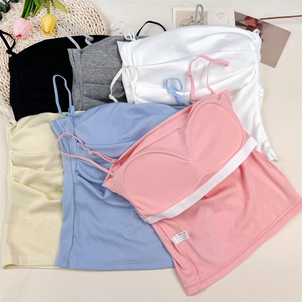 New Women Tank Tops wrinkle design Camisole with Padded Bra Korean Y2K Spicy Girls Sleeveless Tees Cropped Top Female Vest