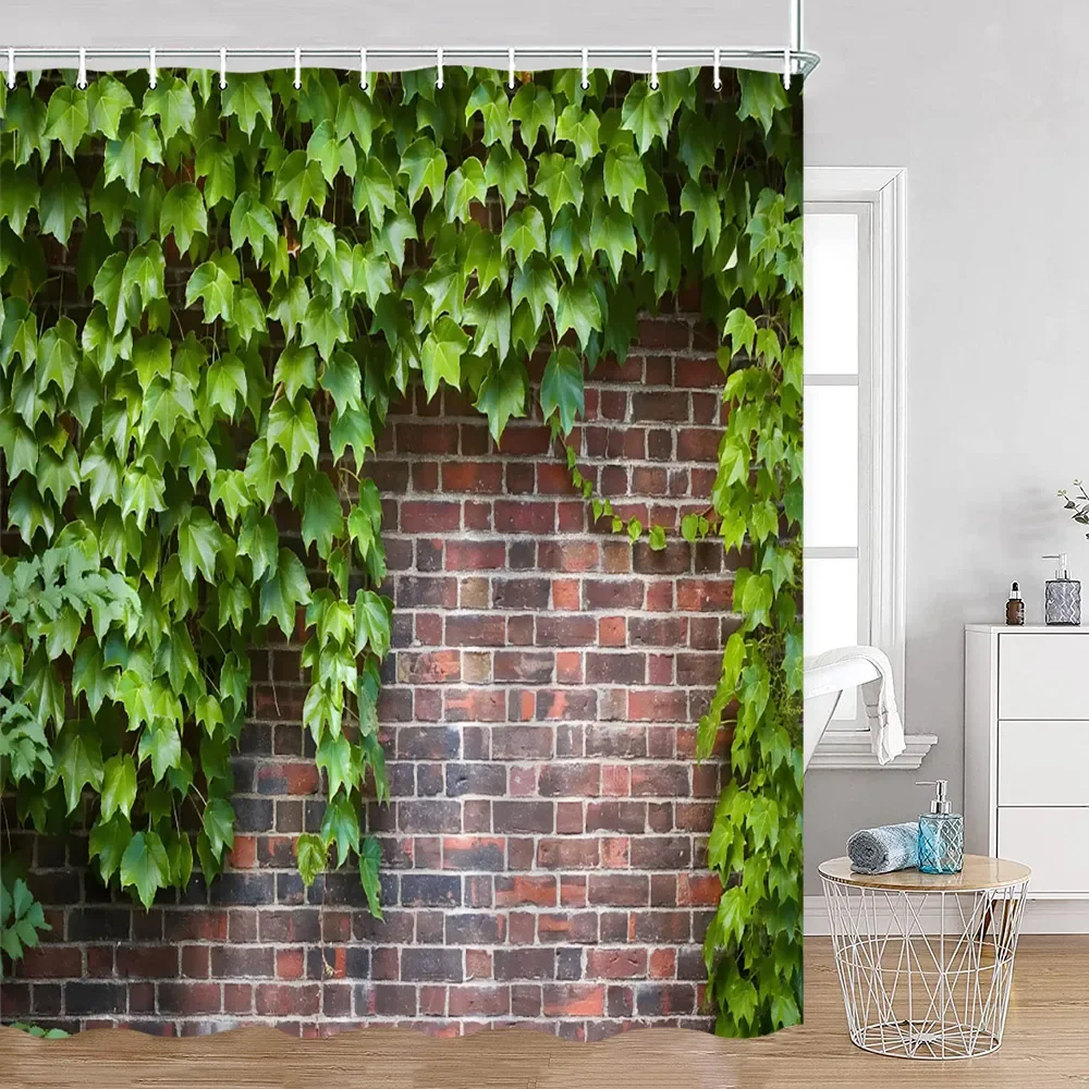 Green Vines Wall Shower Curtains Green Plants Greenery Bathroom Decorations Vintage Landscape Polyester Bath Curtains with Hooks