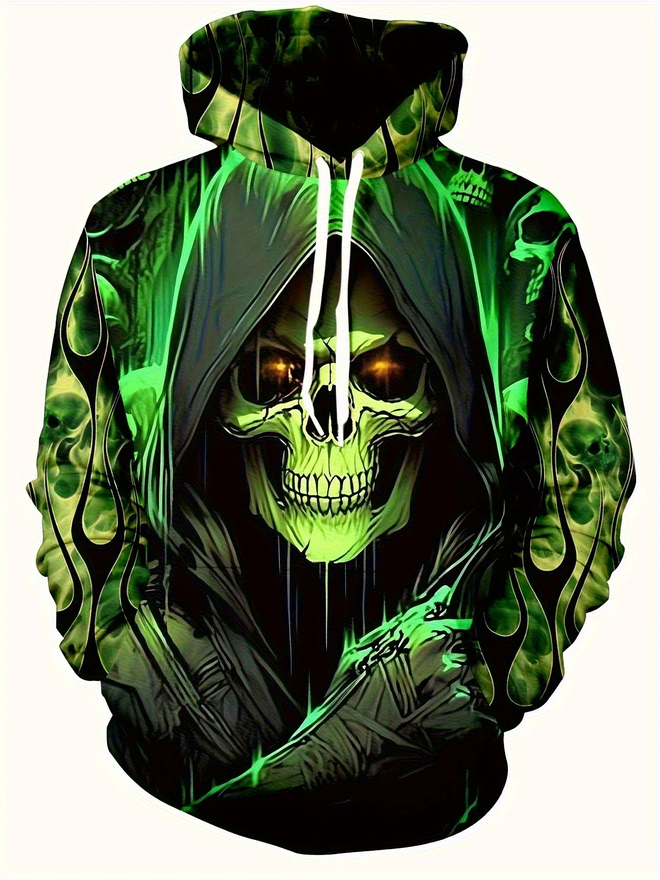 Customization Men'S Gothic Hoodie With 2D Flat Print Featuring A Skull And Flame Design In Dark Green And Black. This Street Sty