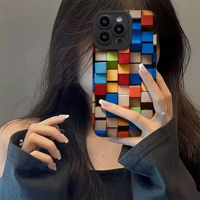 

INS Creative Cute Square Grid space Camera Protection Phone Case For iPhone 11 12 13 14 15 16 17 Pro Max Plus Shockproof Cover﻿