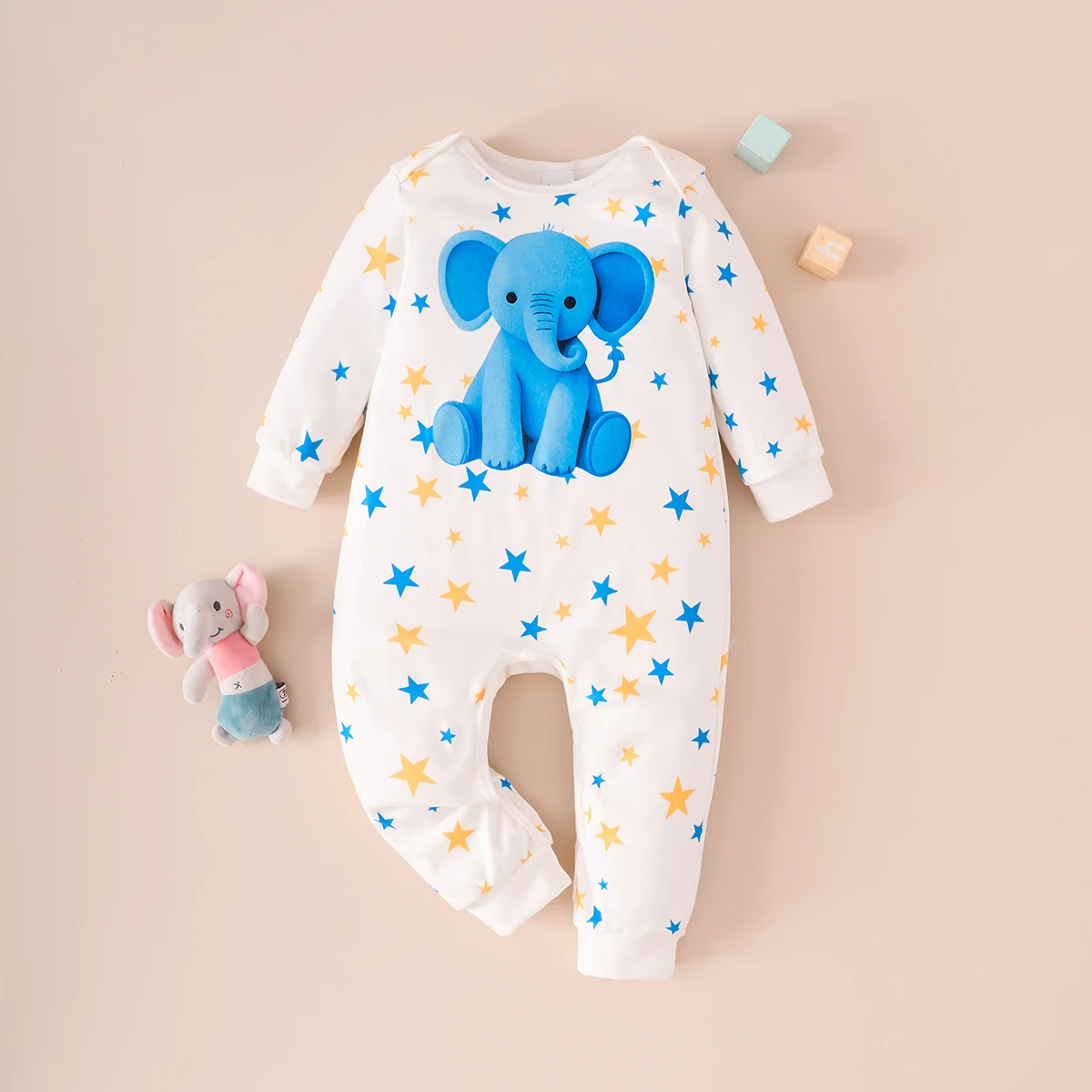 Unisex-Baby-Strampler, Frühling und Herbst, langärmelig, Elefantenmuster, lässiger Einteiler für Jungen und Mädchen