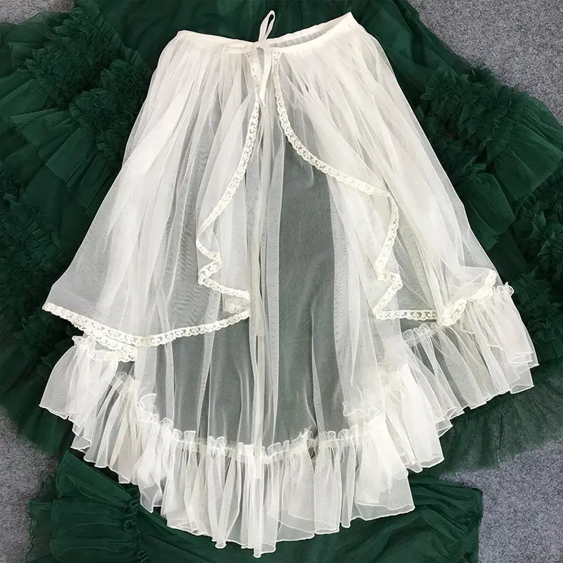 Original Spring Summer Lolita Trailing Lace Overskirt Japanese Girl JSK Dress Lace-up Irregular Elegant Ruffes A-line Skirts