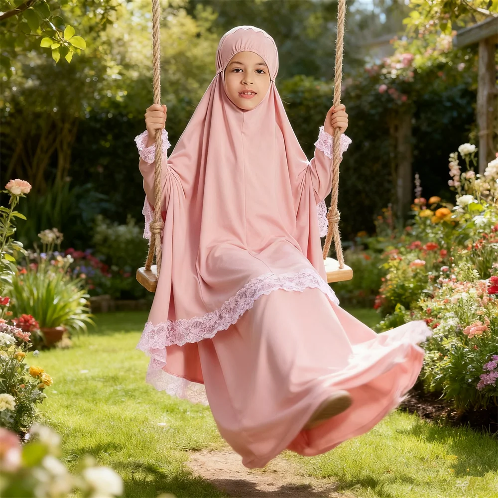 

2PCS Ramadan Muslim Girls Kids Lace Hooded Hijab Abaya Robe Khimar Tops Tube Skirt Islamic Prayer Garment Eid Burqa Dress Kaftan