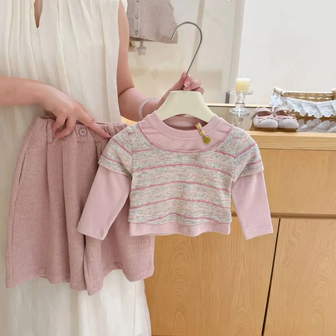 Girl's Autumn False Two Solid Color Striped T-shirt Top Sweet and Cute Spring and Autumn Dress