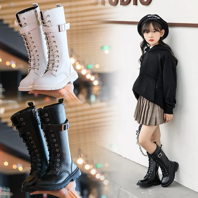 Zapatos Niña Fashion Kid Boots 2025 Winter New Girl Plush Leather Boot Soft Sole High Tube Boot Platform Kid  Retro Girl Botas