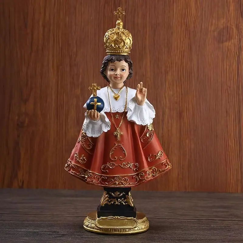 

12 Inches Roman Infant Of Prague With Cross Royal Red Robes Resin Stone Tabletop Figurine Religious Gift Decoration