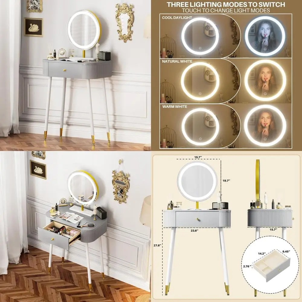 مكتب زينة بإضاءة LED مقاس 24 بوصة مع مرآة وطاولة مكياج مدمجة تتميز بدرج تخزين وشاشة لمس بثلاثة ألوان #1
