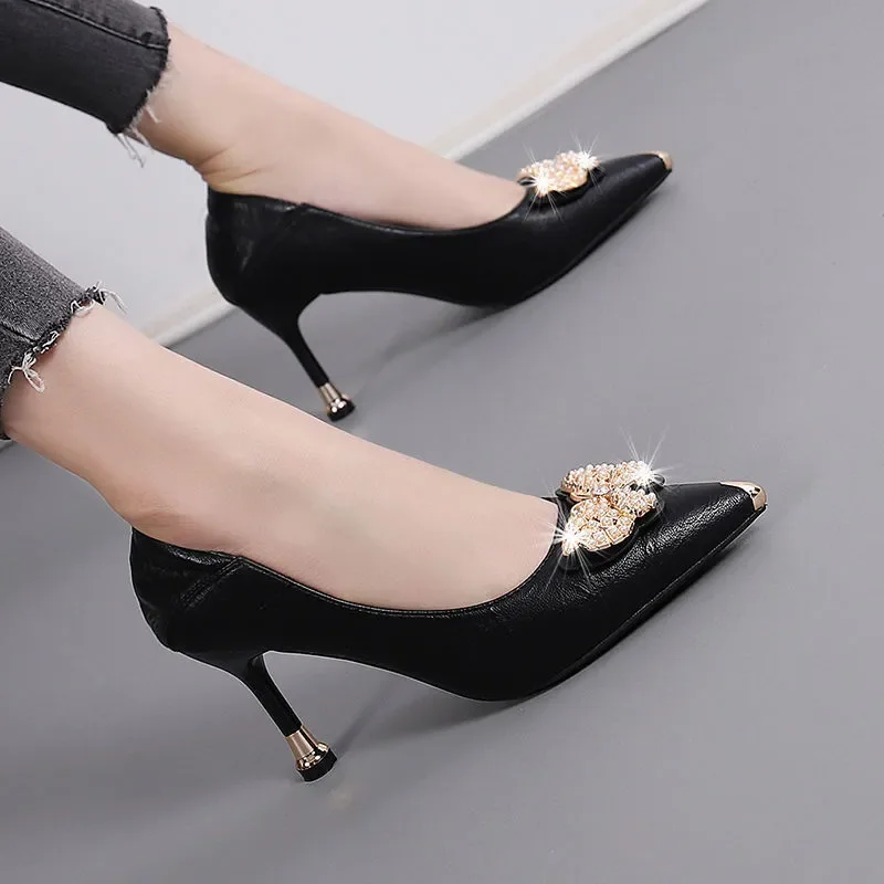 Zapatos De Mujer Women Fashion Plus Size Black Soft Leather Slip on Stiletto Heels for Office Lady Cute Sweet Beige Pumps A133