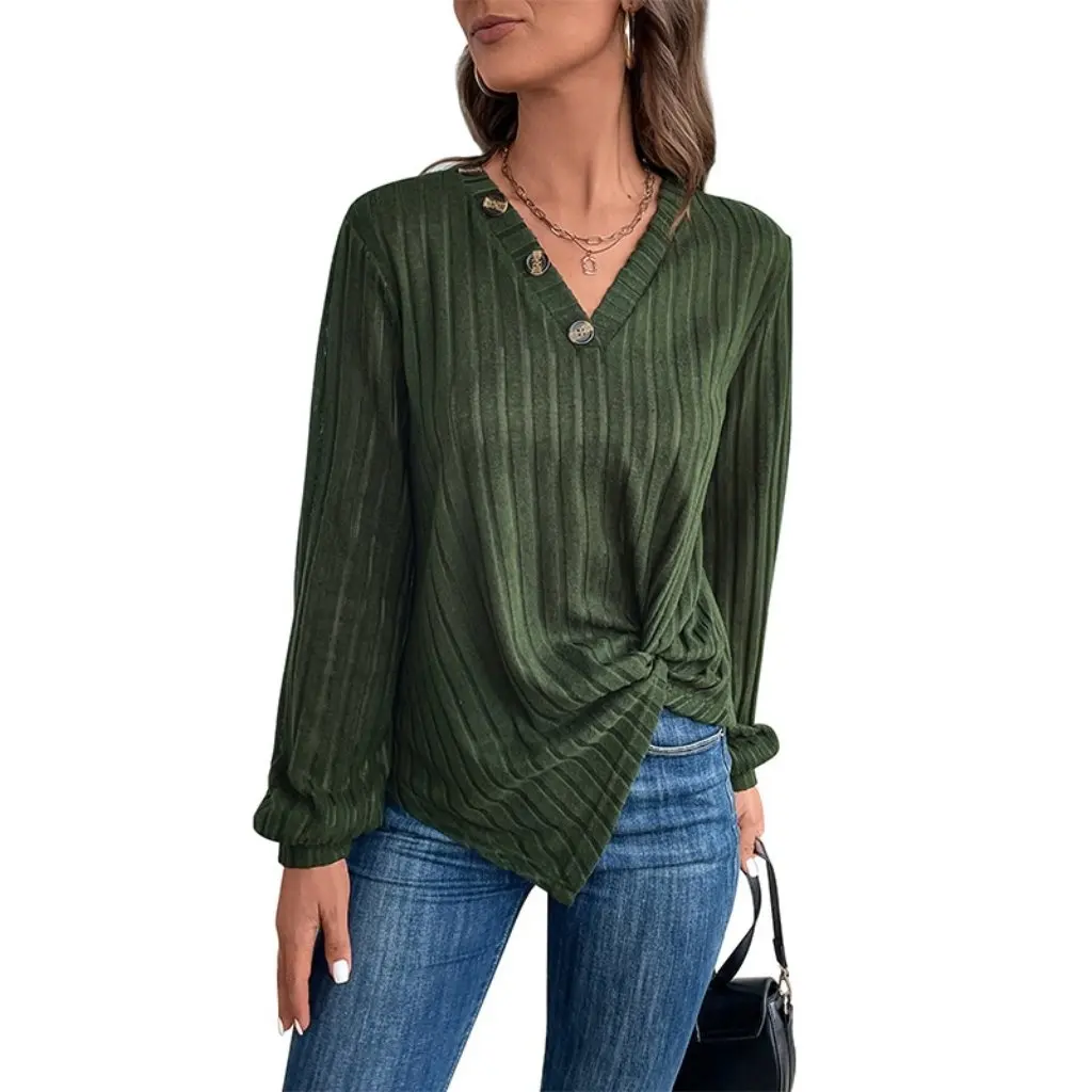 

Independent Station Women's Green V Neck Top Autumn Fashion Slit Design European American Style