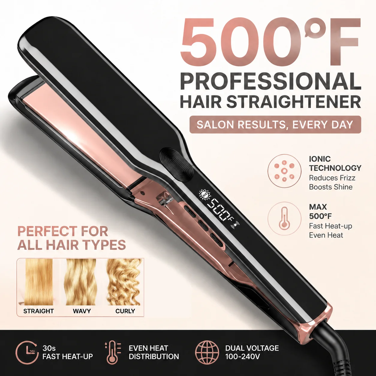 Flat Iron Curling Iron 500F High Temperature Dual Voltage Ceramic-Coated Hair Straightener 1 Inch/1.7inch Flat Iron