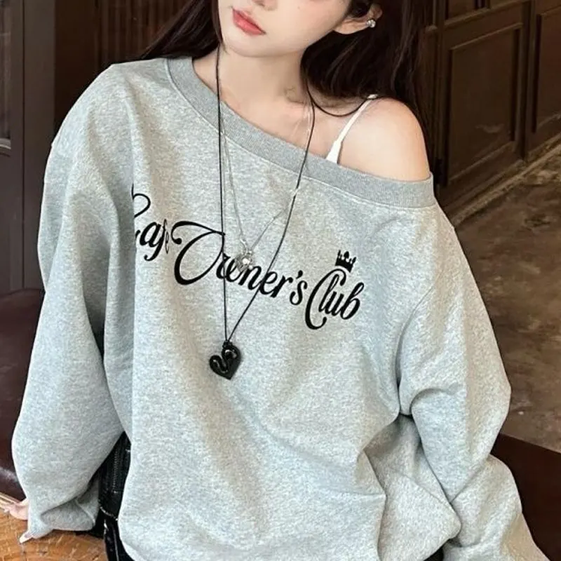 American Letter Retro Printed Sweatshirts Spring Autumn Skew Collar Female Clothing Casual Loose Fashion Off Shoulder Hoodies