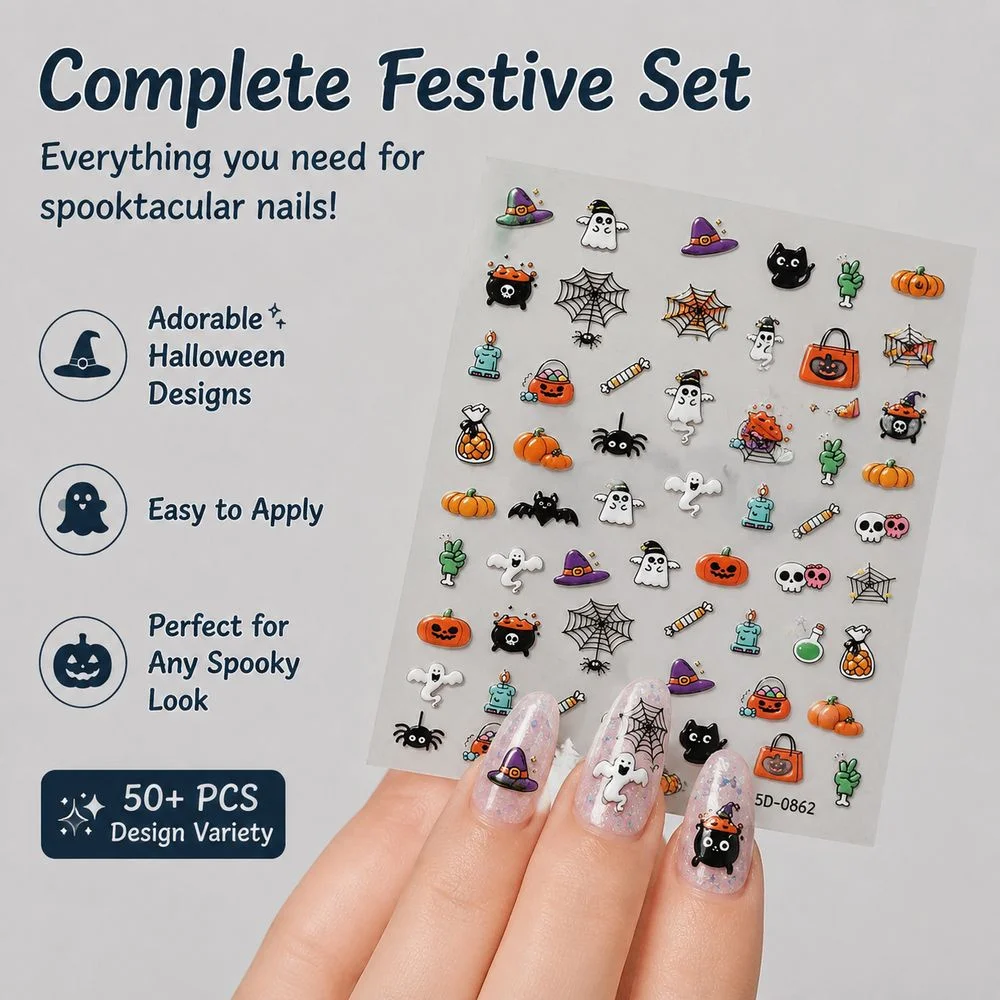 1Pc 5D Embossed Adhesive Halloween Nail Stickers Assorted Cauldron Candy Spider Pumpkin Designs DIY Salon Nail Art Accessories
