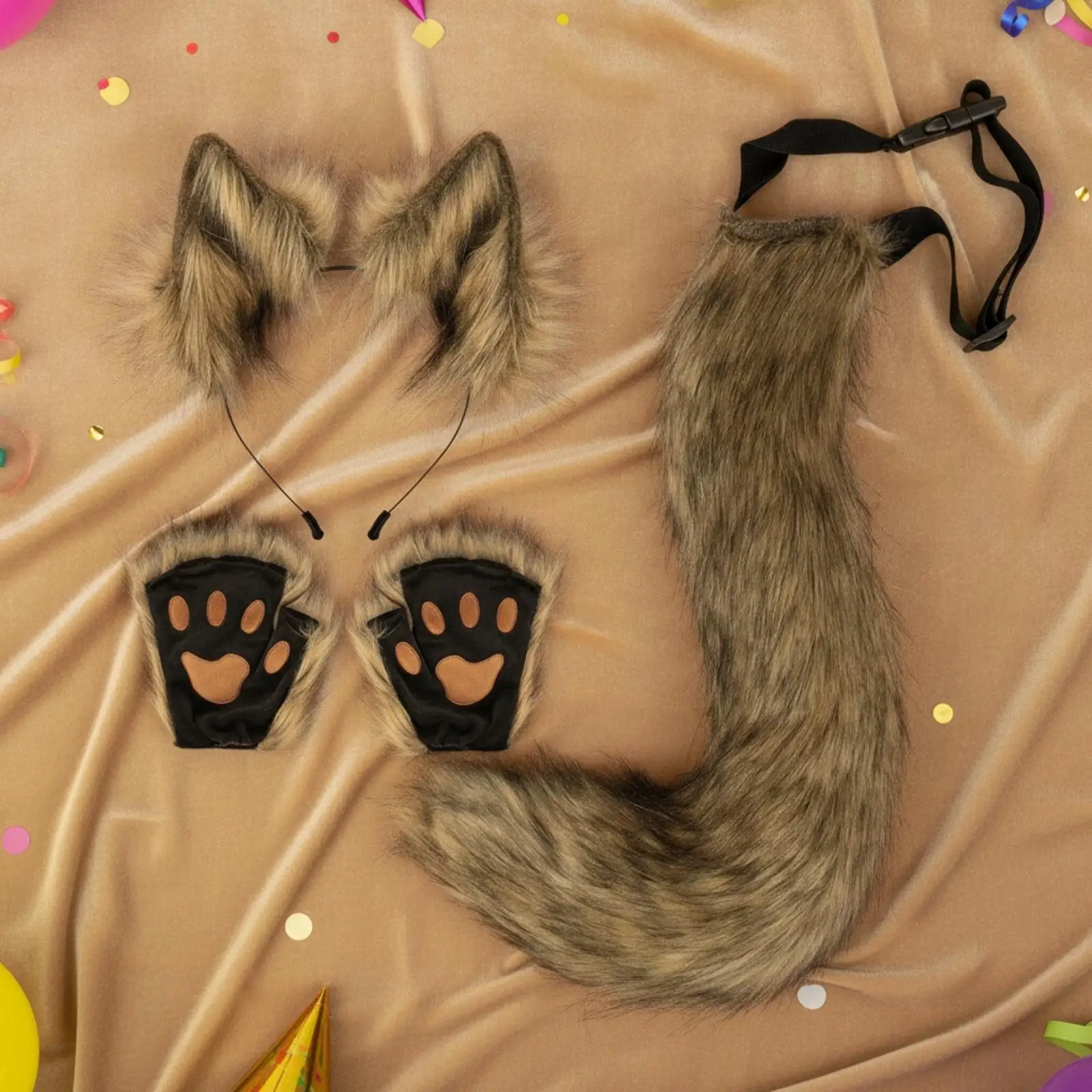 Cute Furry Ear Headwear with Attached Tail and Gloves for Adult Animal Costume Cosplay Party