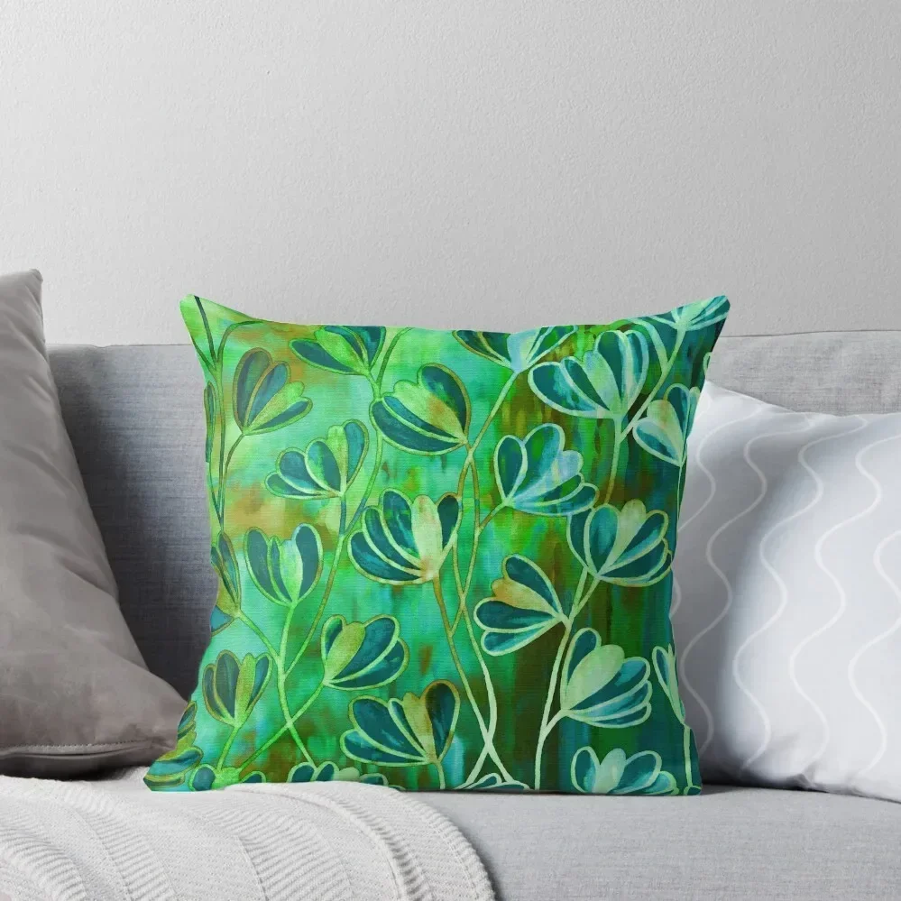

EFFLORESCENCE Lime Green Turquoise Blue Brown Floral Garden Watercolor Painting Pattern Flowers Nature Fine Art Des Throw Pillow