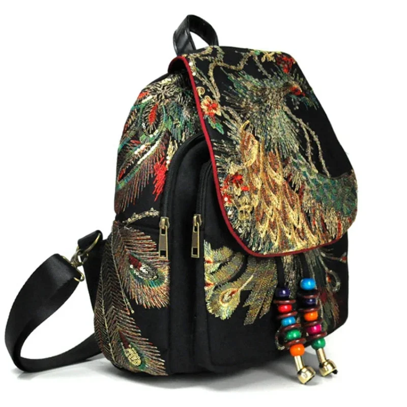 Female Travel Shoulder Rucksack Retro Design Canvas Backpack Women Large Capacity Ethnic Backpack Handmade Embroidered Knapsack