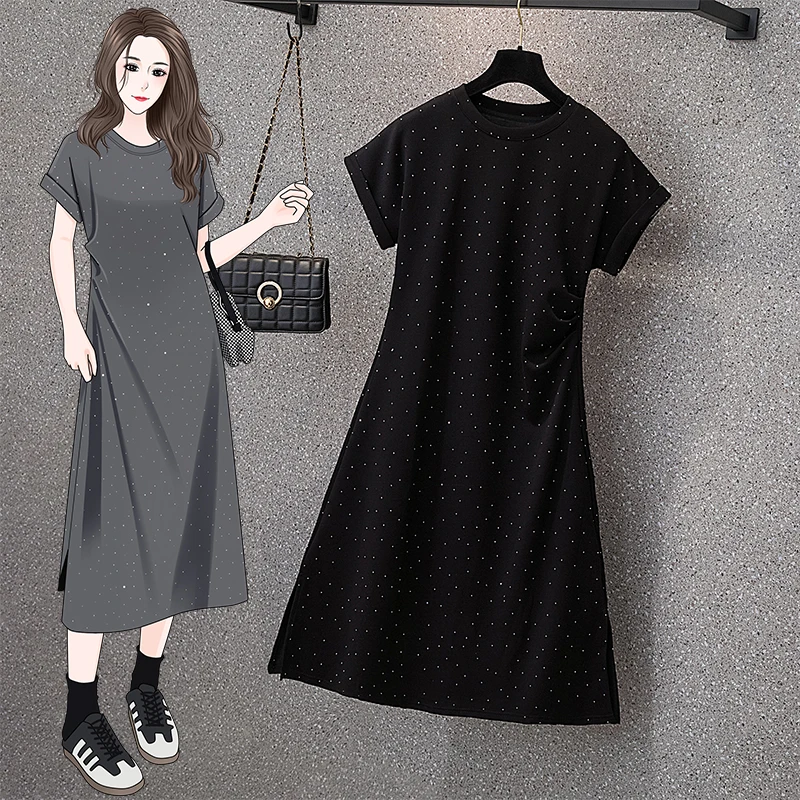 Women Cotton T-shirt Dresses Summer Female O Neck Short Sleeve Large Size Elegant A Line Black Gray Calf Length Diamonds Vestido