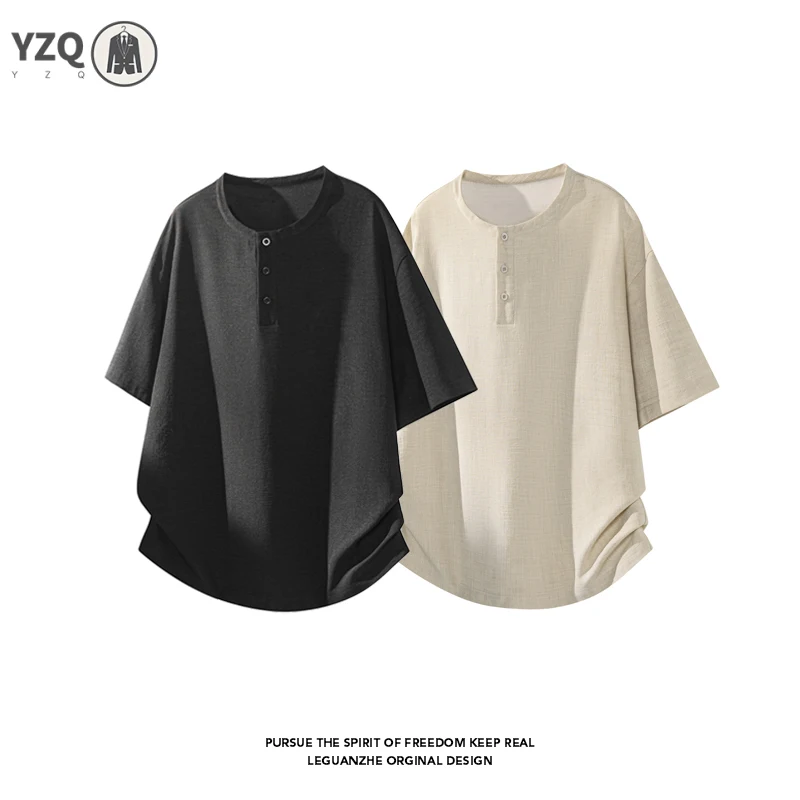 Mens Oversized Loose Short Sleeve Top Mandarin Henley Collar Linen Blend T‑Shirt For Outdoor Walking Shopping Daily Relax Outfit view 3