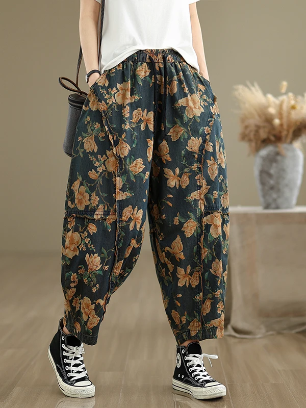 Summer Fashion Thin Jeans Women Good Quality Vintage Floral Print Loose Casual Comfortable Soft Ankle Length Denim Pants Female