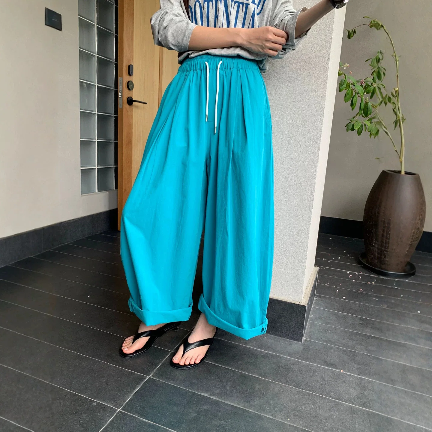 SuperAen 2026 Spring New Korean Style Drawstring Elastic Waist Wide-leg Pants Comfortable Loose Casual Pants