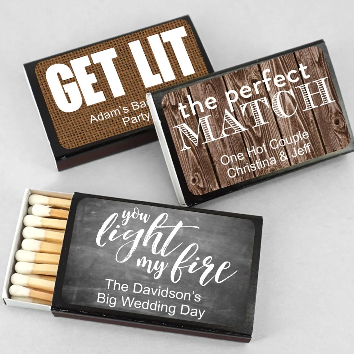 

Wedding Favor Matches, The Perfect Match, Get Lit, Sparks Flew, Personalized Matchboxes, Unassembled or Assembled (Black Box) -