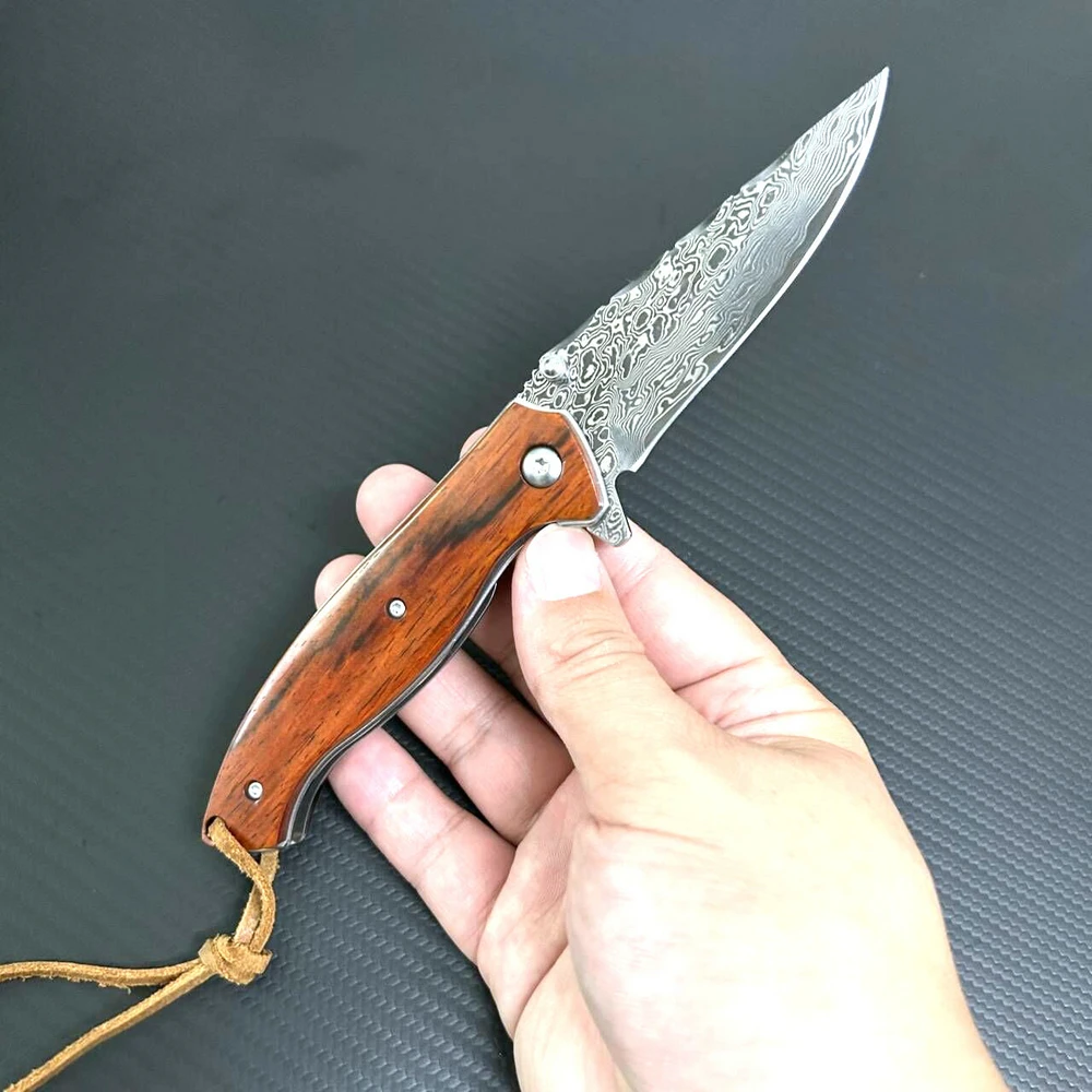 Trskt Damascus Tactical Knife Camping Knives Flipper Folding Hunting Survival Knife Pocket Edc Tool Wood Handle Dropshipping