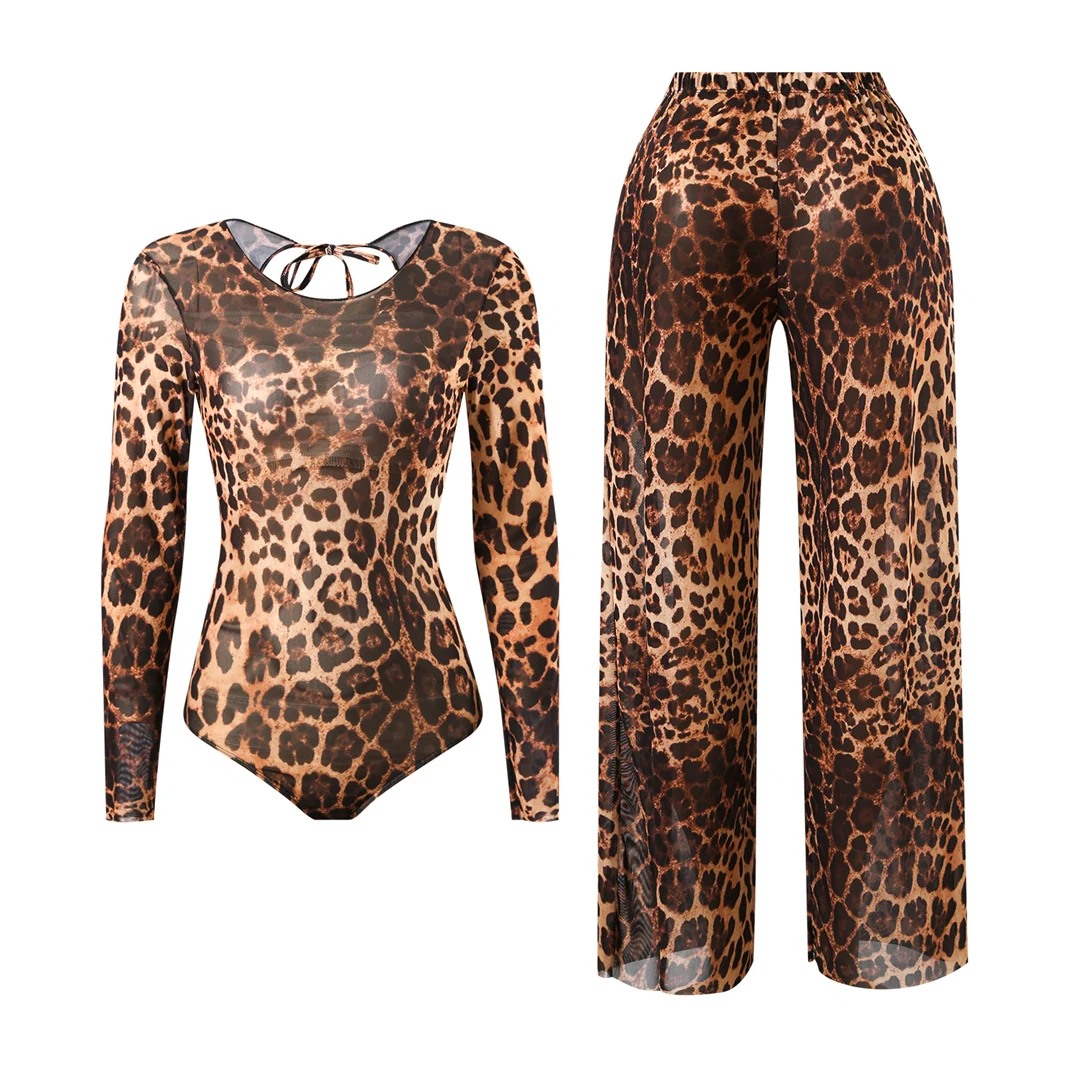 S - XXL 2026 Mit Hose Langarm Leopardenmuster Damen-Badeanzug Einteiliger Badeanzug Weiblicher Badeanzug mit hohem Beinausschnitt Badebekleidung V7349 – Detail 2