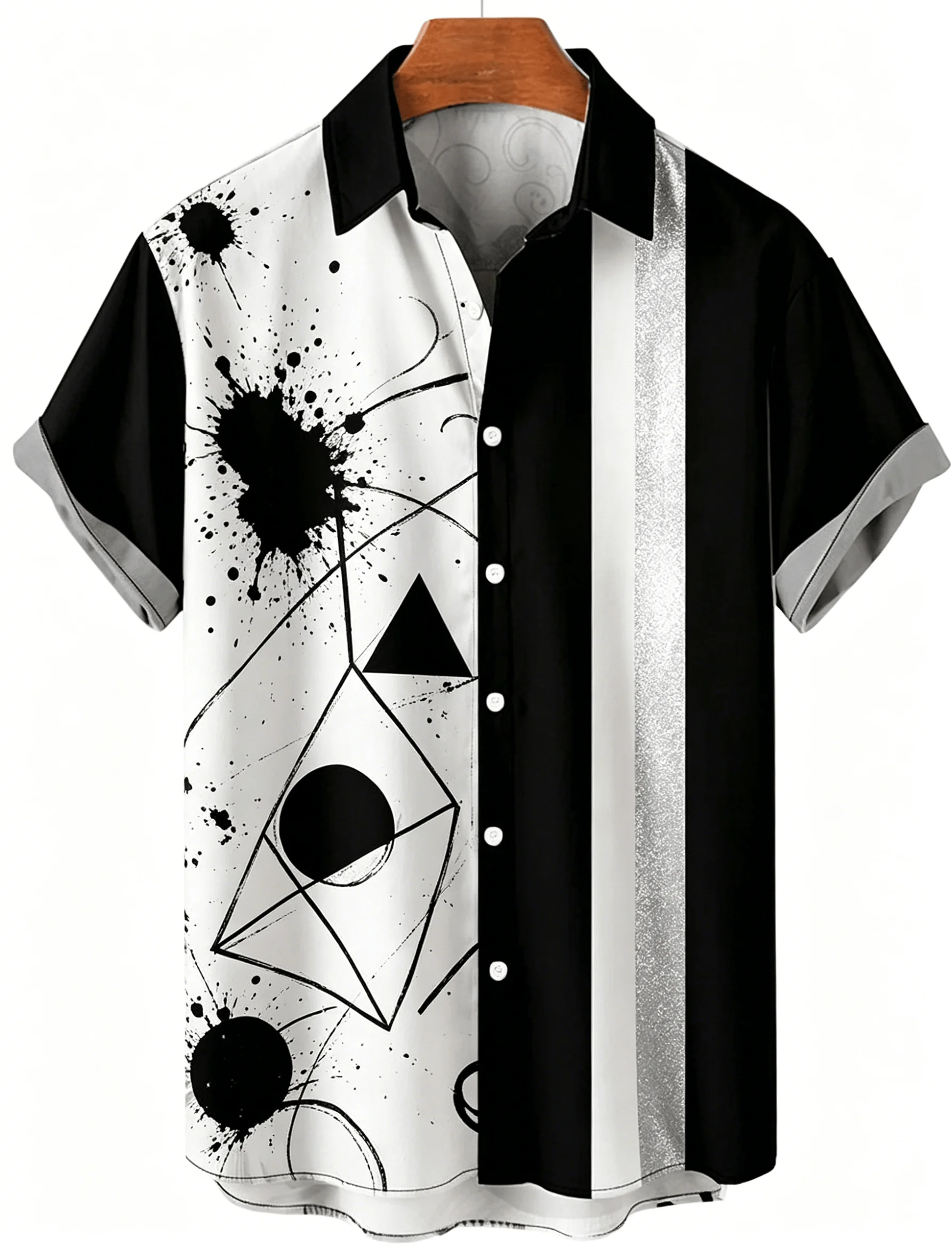 Men's Gothic Cross & Rose Print Short Sleeve Shirt, Black White Color Block, Casual Summer Streetwear