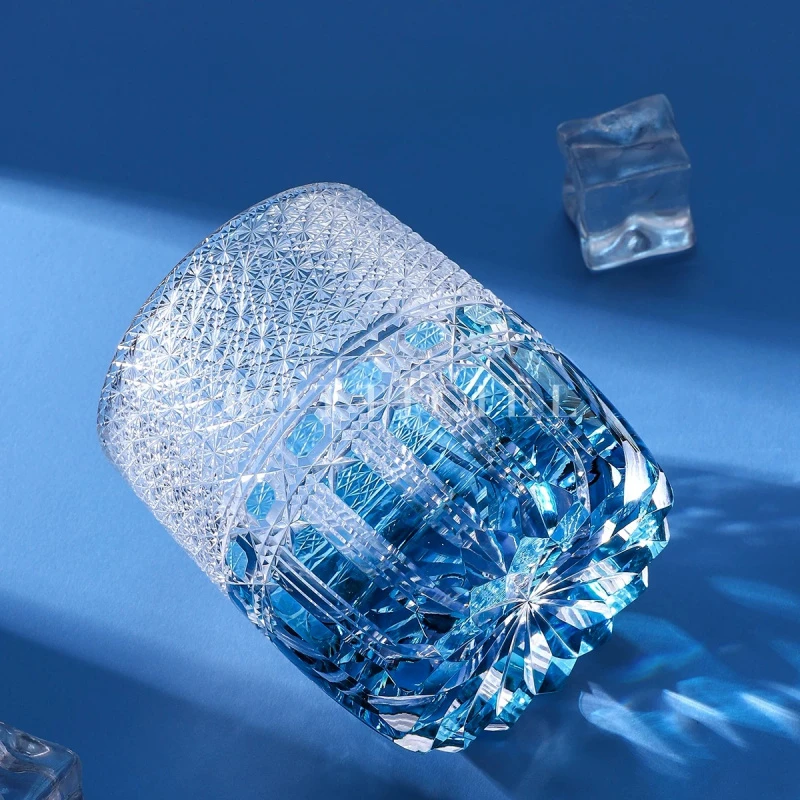 Sky Blue Hand-Carved Edo Kiriko Glass Cup 320ml New Style - Yu Lan (Jade Blue) Japanese Traditional Crystal Whiskey Glass