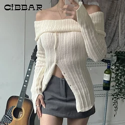 CIBBAR Elegant Button Up Split Sweater Full Sleeve Casual Solid Slash Neck Knitted Jumpers for Women Korean Fashion Vintage Y2k