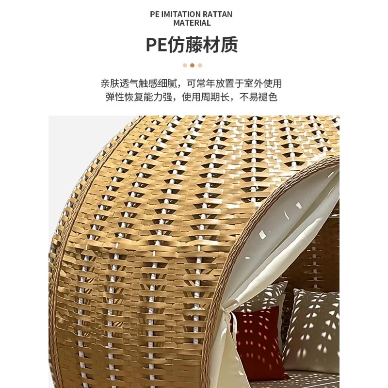 Freizeitbett im Freien, rundes Rattanbett im Balkon im Freien