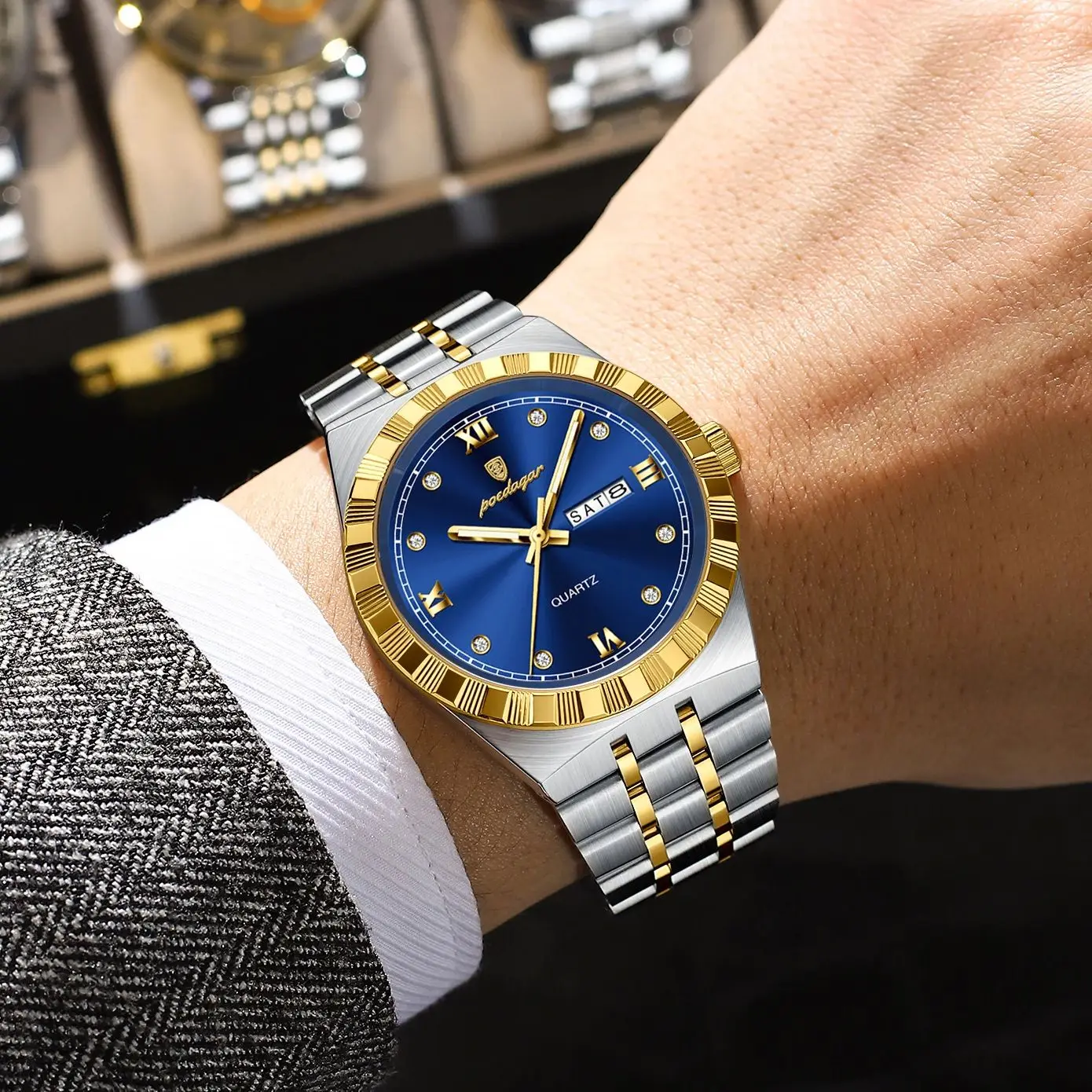 POEDAGAR ساعة رجالية فاخرة تاريخ الأسبوع مقاوم للماء مضيئة ساعة رجال الأعمال الفولاذ المقاوم للصدأ كوارتز ساعات عادية للرجال Reloj