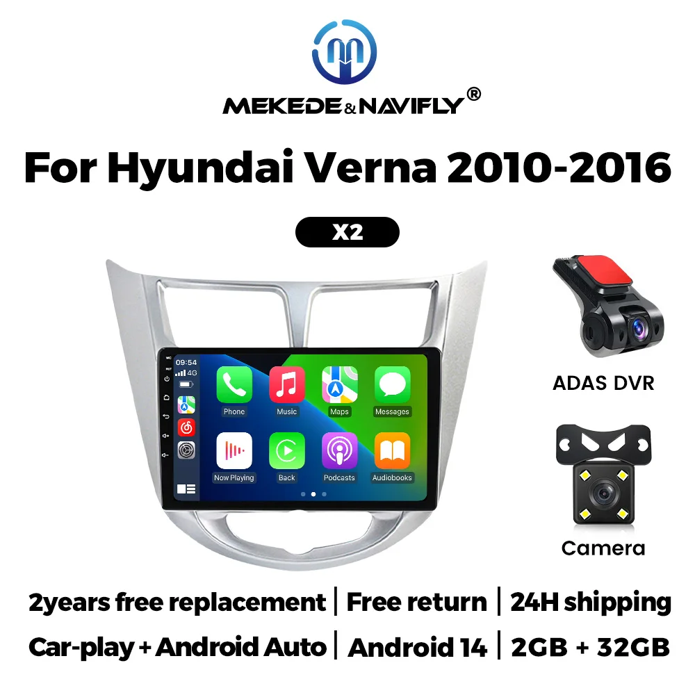 MEKEDE 9'' Android 14 Car Radio CarPlay for Hyundai Verna 2010-2016 Multimedia Video Player Navigation GPS FM 2 Din Stereo