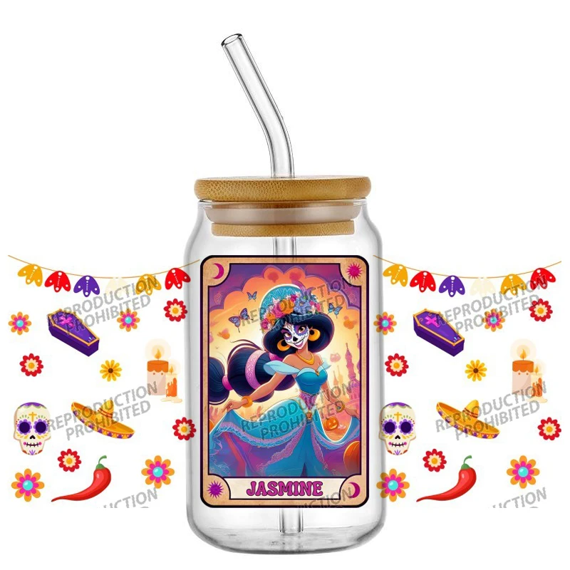 

New Halloween Princess Series Theme 16oz Libbey Glass UV DTF Cup Wrap Washable DIY Mug Sticker Festival decorations