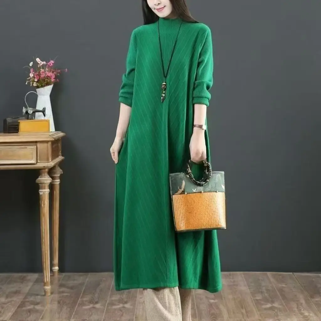 ヴィンテージルーズニットウェア女性服冬ロングドレス春秋プルオーバー女性のセーター暖かいベーシックウェア女性ジャンパー