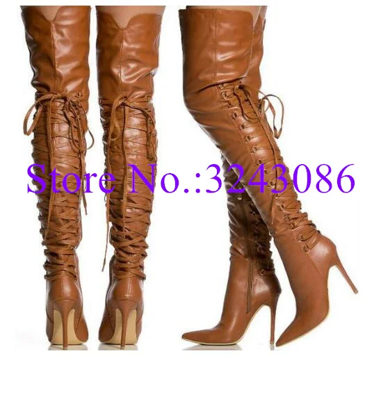 New Brown Leather Lace-up Lady Over the Knee Boots Fashion Large Size 47 Stiletto Heel Long Boots Woman Sexy Party Shoes