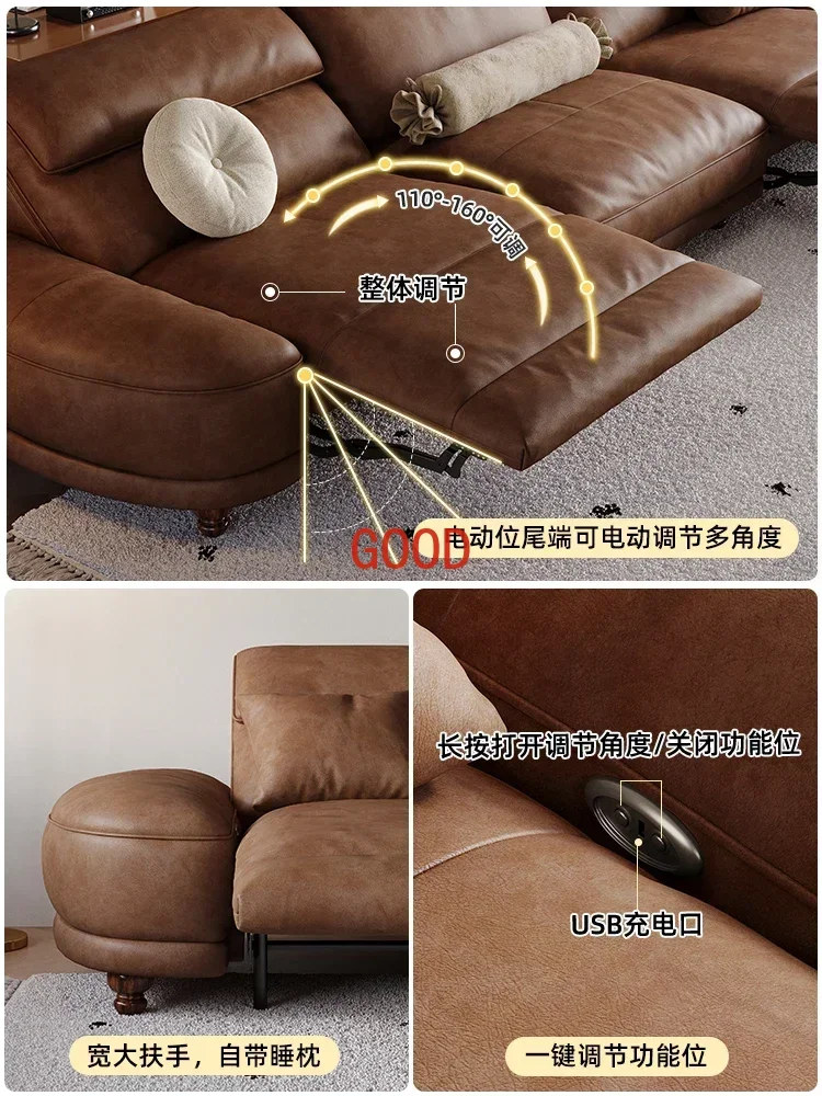 Small Apartment Living Room First Layer Cowhide First Class Straight Row Functional Sofa