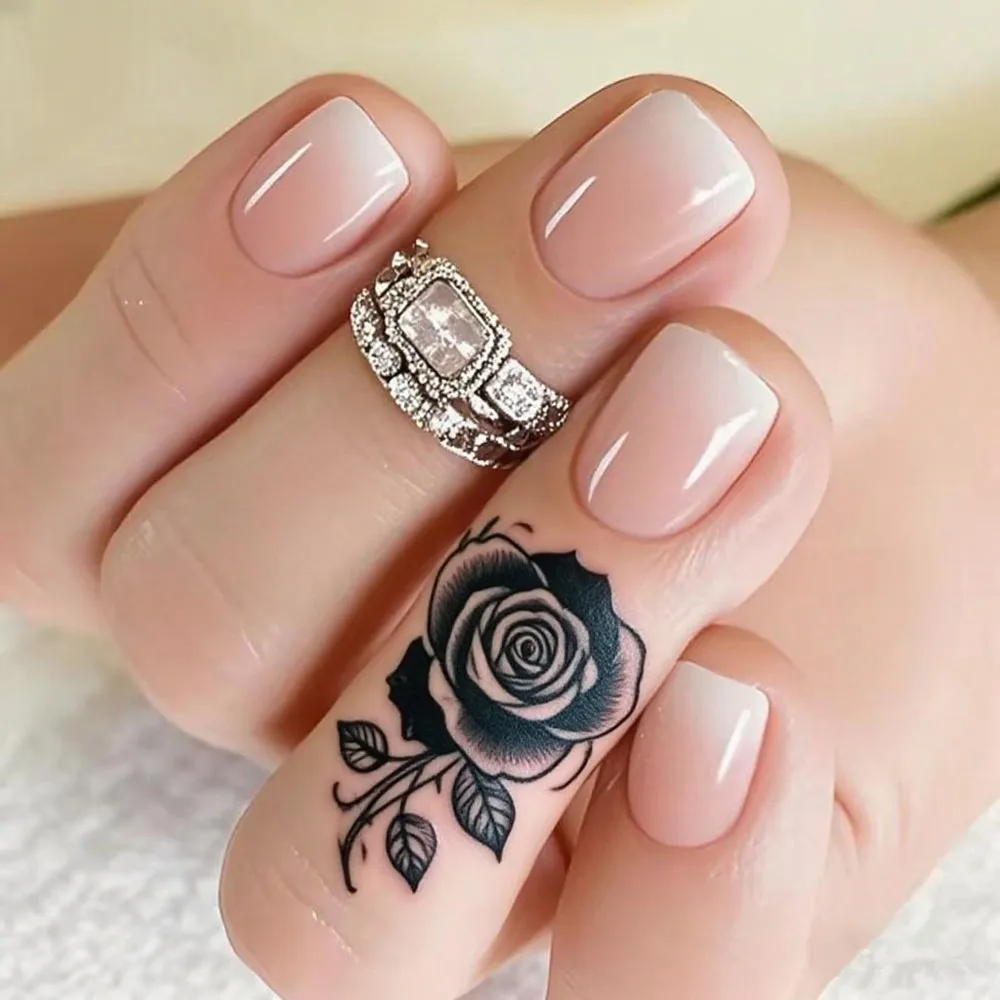 

Gradient Nude Press On False Nails With Glue Sticker Artificial Short Square French Fake Nail Shiny DIY Manicure Accessory