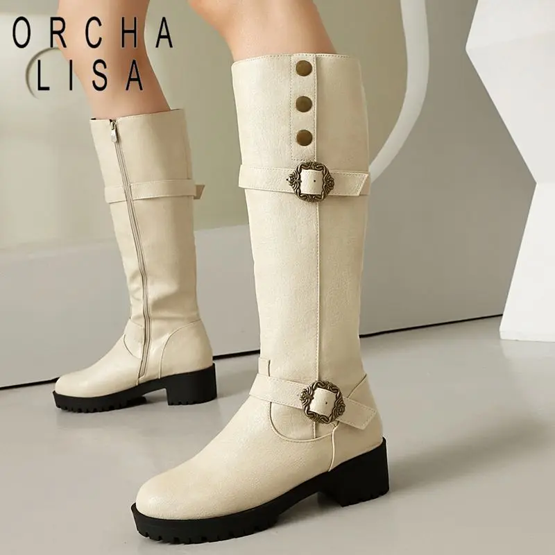 

ORCHA LISA 2025 Leisure Daily Women Knee High Boots Round Toe Thick Heels 4.5cm Zipper Big Size 42 43 44 45 46 Brown