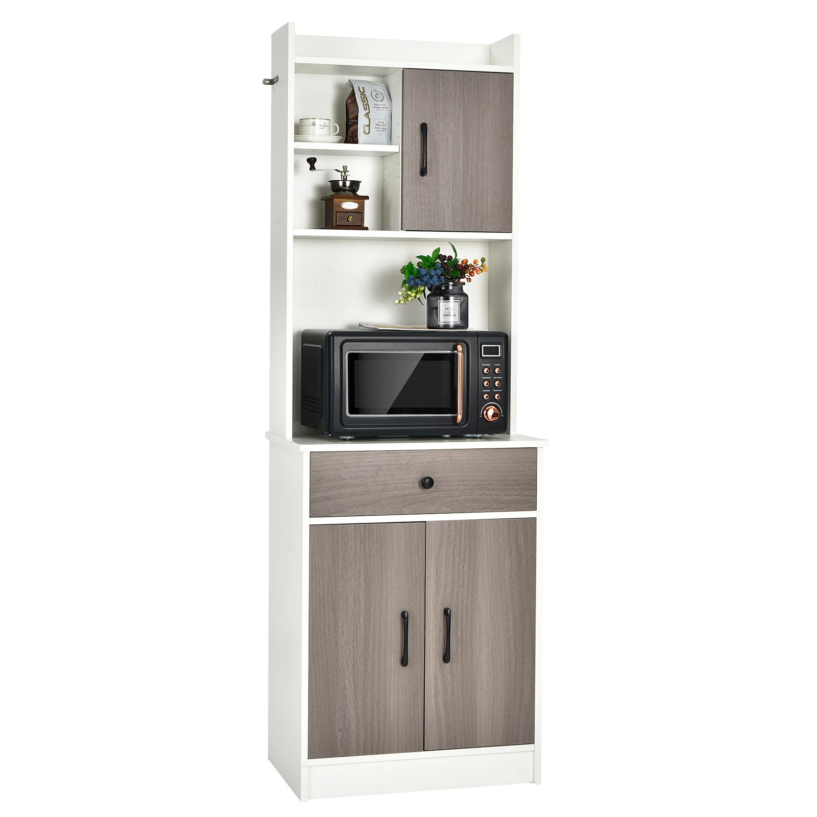 Kitchen wardrobe, buffet wardrobe with drawer, adjustable shelves and cable hole, high wardrobe Kitchen Wood, large open