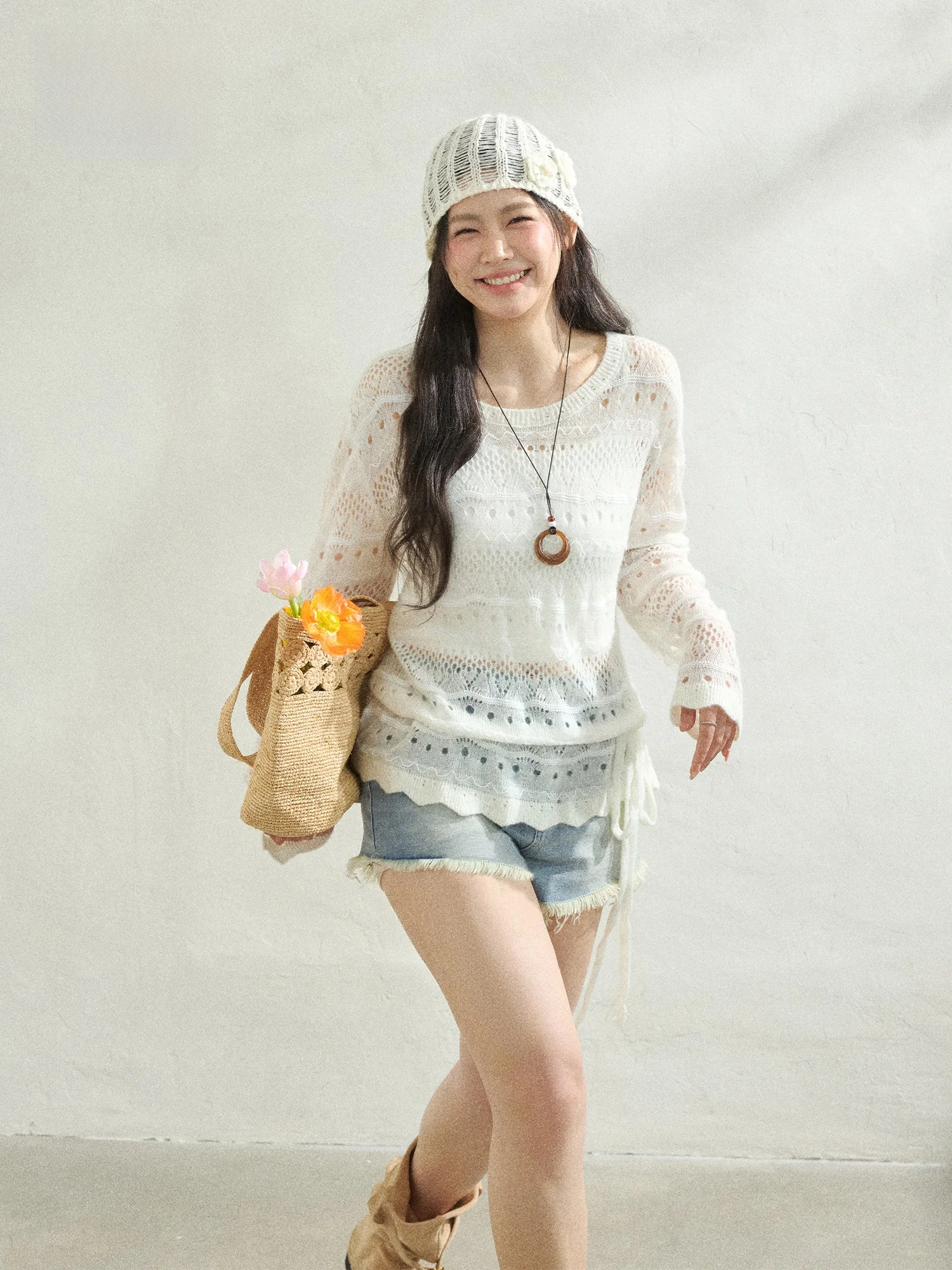 

Комплект из джинсовых шорт и топа в стиле бохо с вырезами, больших размеров, для лета, с защитой от солнца, женская модная повседневная одежда в корейском стиле