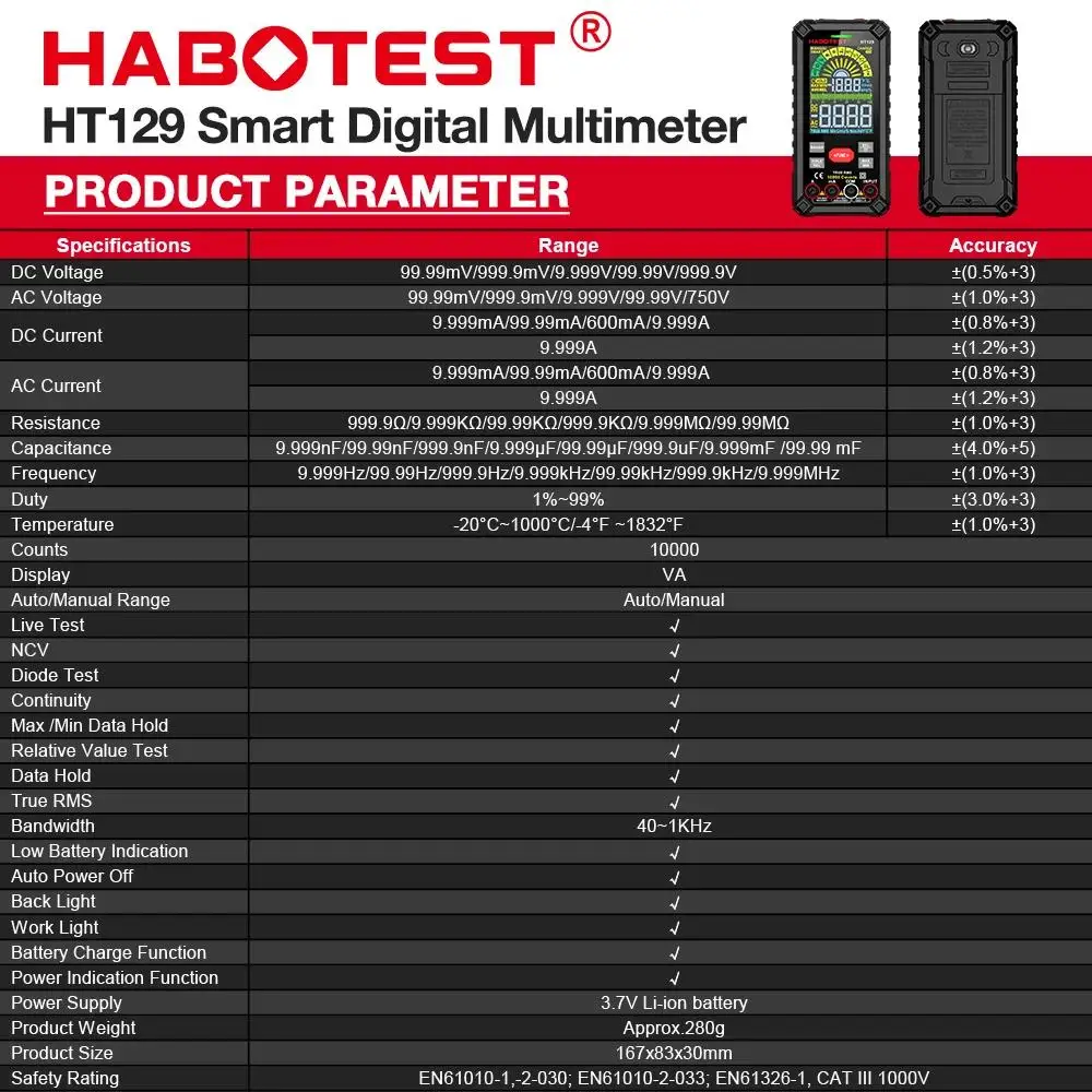 HABOTEST HT129 10.000 Counts Digitalmultimeter Smart Anti-Burn DC AC Spannung Strom True RMS Voltmeter Wiederaufladbarer Multitester – Detail 3