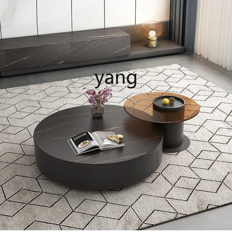 Yjq ，Stone Plate round Tea Table TV Cabinet Unit Modern Minimalist Living Room Home