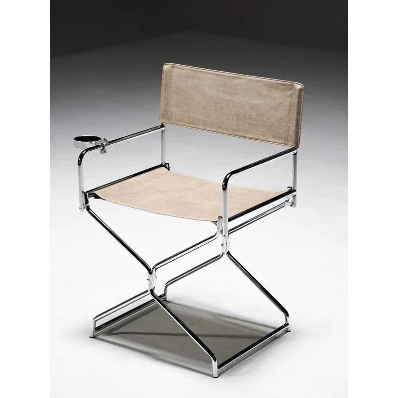 

Oil Wax Fabric Minimalist Metal Dining Chair Small Household Foldable Dining Chair Home Reclining Chair