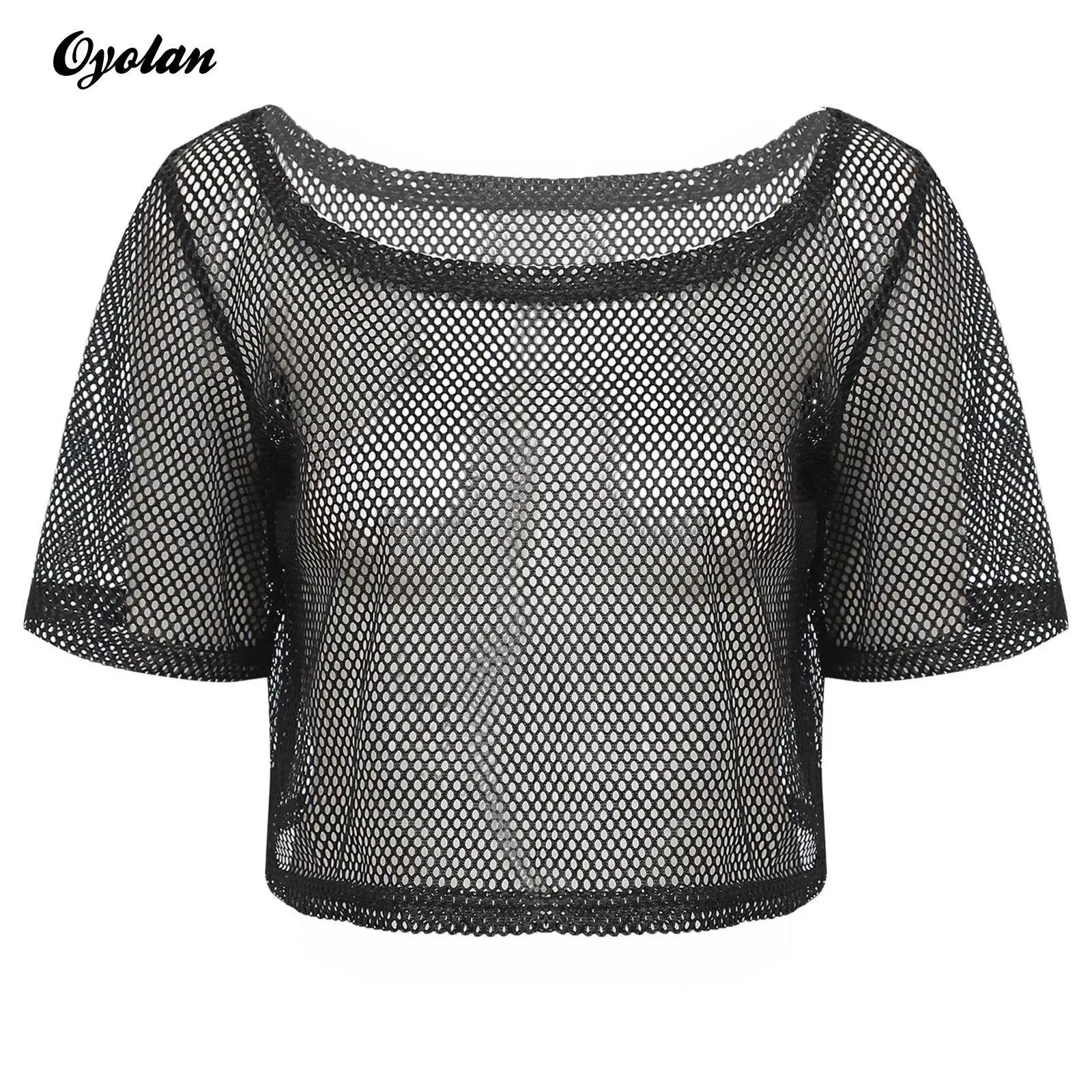 Womens Round Neck Short Sleeve Camisole Hollow Out Mesh Crop Top Neon 80s Disco Fishnet T-shirt Cover-up for Pole Dancing Party