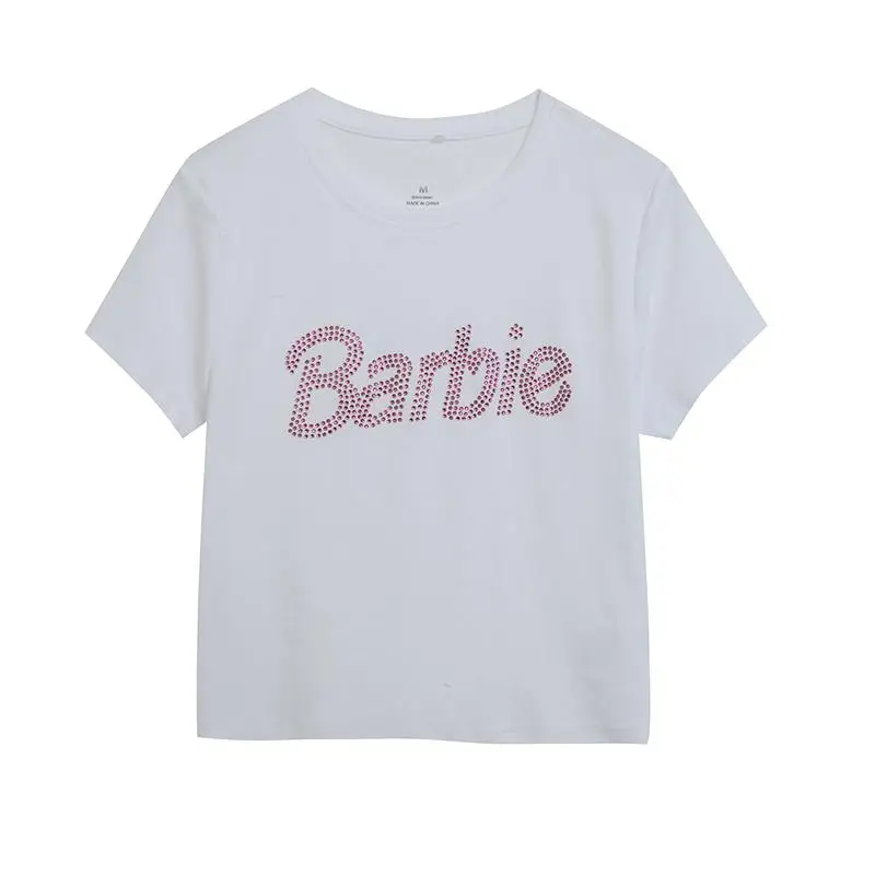 2024 Sexy Barbie Girls Diamond Letter Short-Sleeved Crop Top Fashion Kawaii Casual Summer Woman Slim Cotton Short T-Shirt Gifts