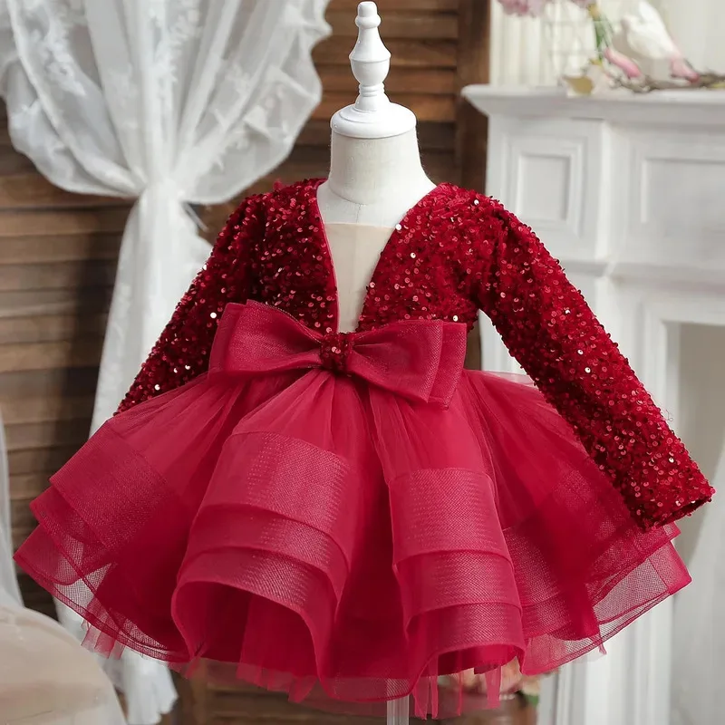 Vestido de lujo de manga larga con lentejuelas para desfile para niñas, vestido de fiesta de cumpleaños y boda, vestido de baile hinchado de primera comunión, vestido hinchado para graduación