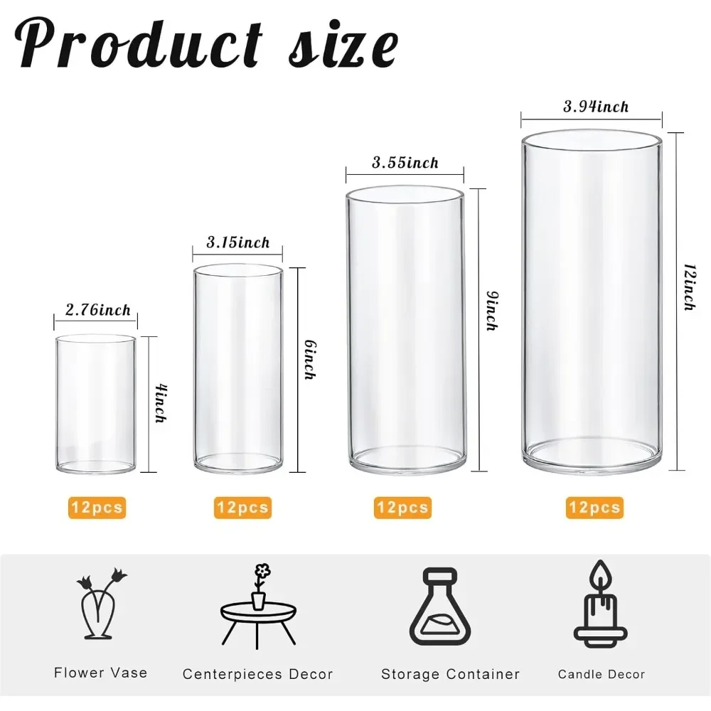 48 Pack Thick Glass Cylinder Vases 4,6,9,12 Inch Tall Clear Flower Vase Floating Candle Holder.Suitable for living room, bedroom